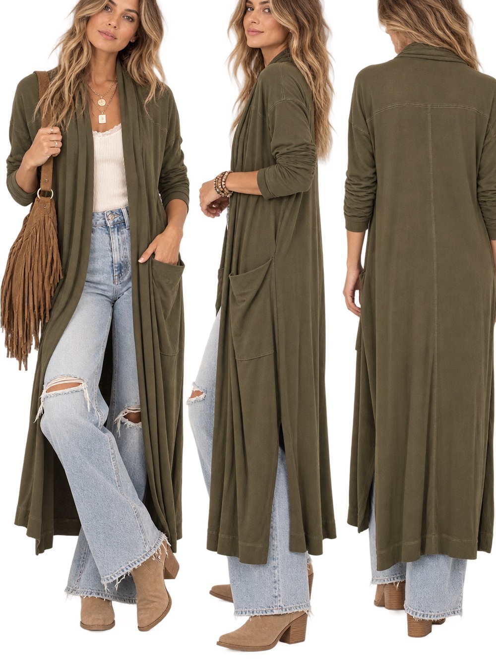Free People Intimately Olive Green Long Duster Cardigan Open Front Maxi Sweater